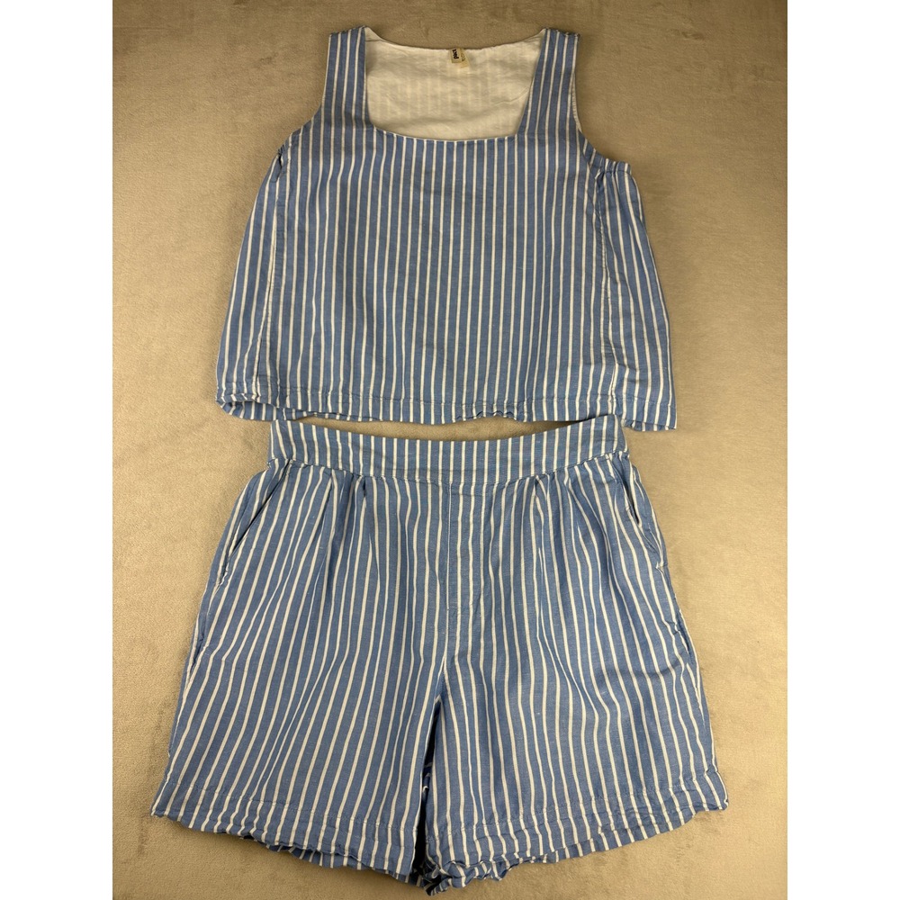 Pact Blue White Striped 2 Piece Set Square Neck Tank Top and Shorts Size M